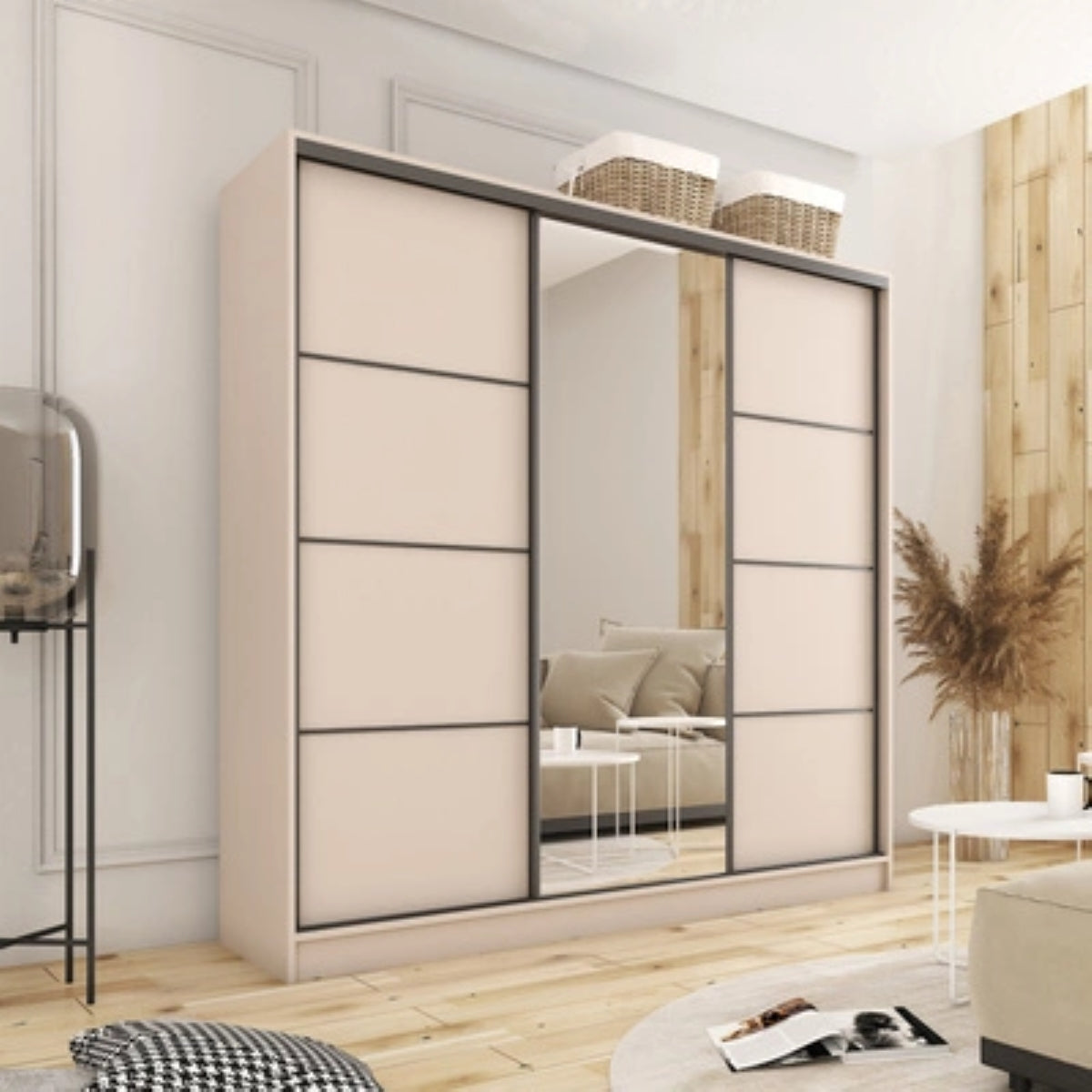 LOFT with Mirror - 3 Sliding Doors Wardrobe With Drawers Shelves 2 Rail Mirror Various Colour width 200 cm