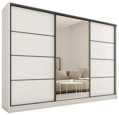 LOFT with Mirror - 3 Sliding Doors Wardrobe With Drawers Shelves 2 Rail Three Colour 250 cm