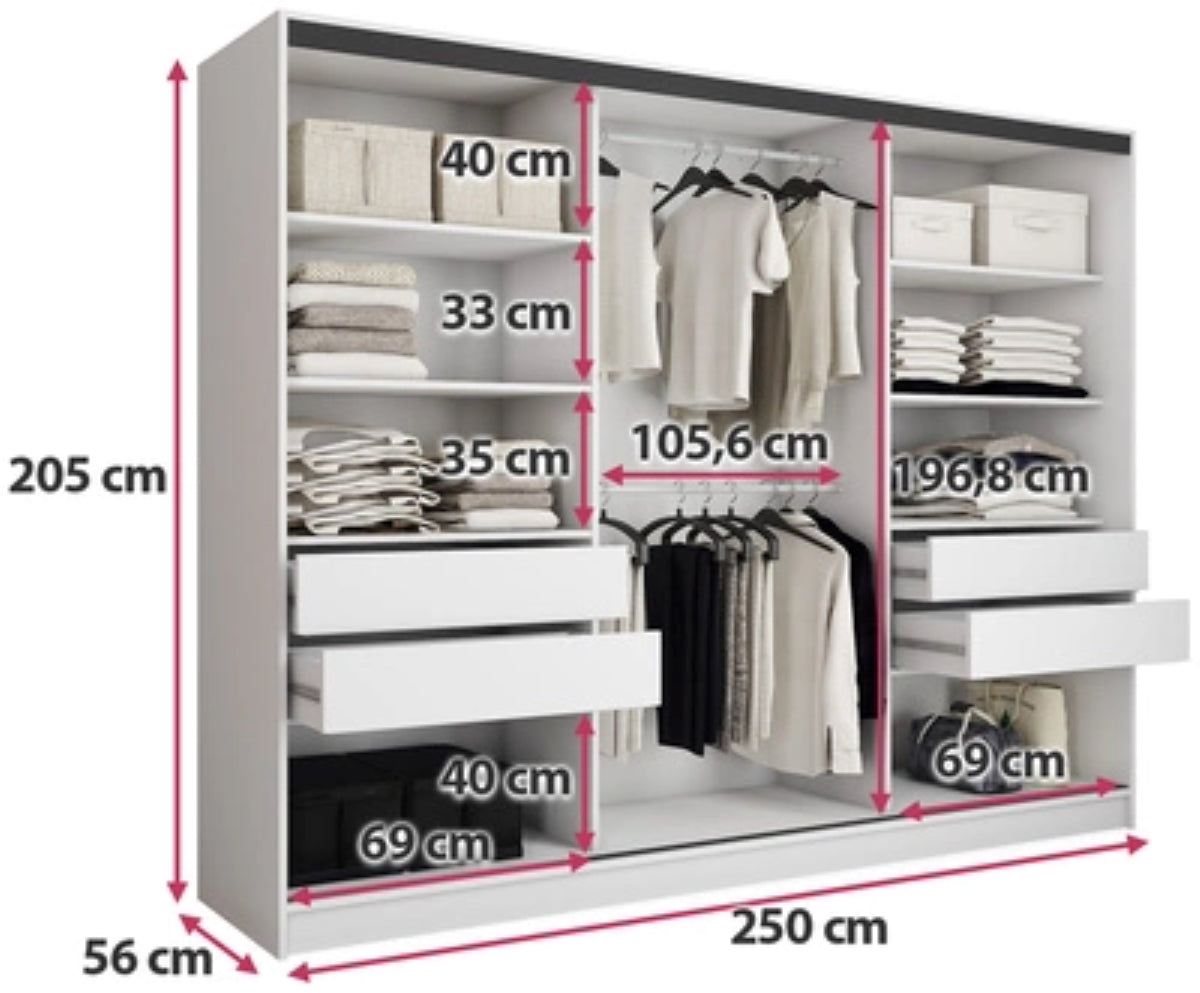 LOFT with Mirror - 3 Sliding Doors Wardrobe With Drawers Shelves 2 Rail Three Colour 250 cm