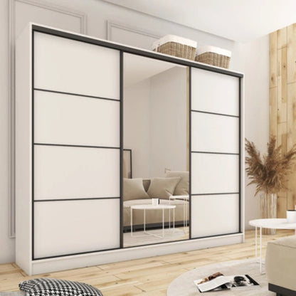 LOFT with Mirror - 3 Sliding Doors Wardrobe With Drawers Shelves 2 Rail Three Colour 250 cm