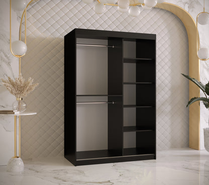 JAFITA - Slim Wardrobe  2 Sliding Doors Black with Mirror Shelves, Rails, Fast Delivery> 120cm <