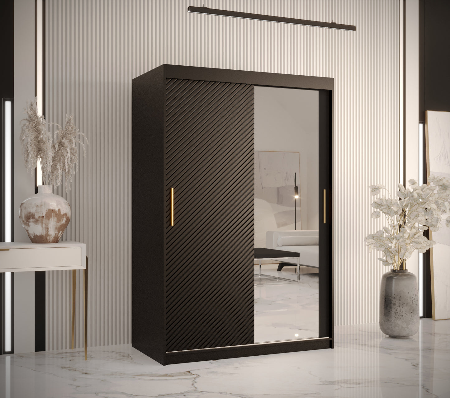 JAFITA - Slim Wardrobe  2 Sliding Doors Black with Mirror Shelves, Rails, Fast Delivery> 120cm <