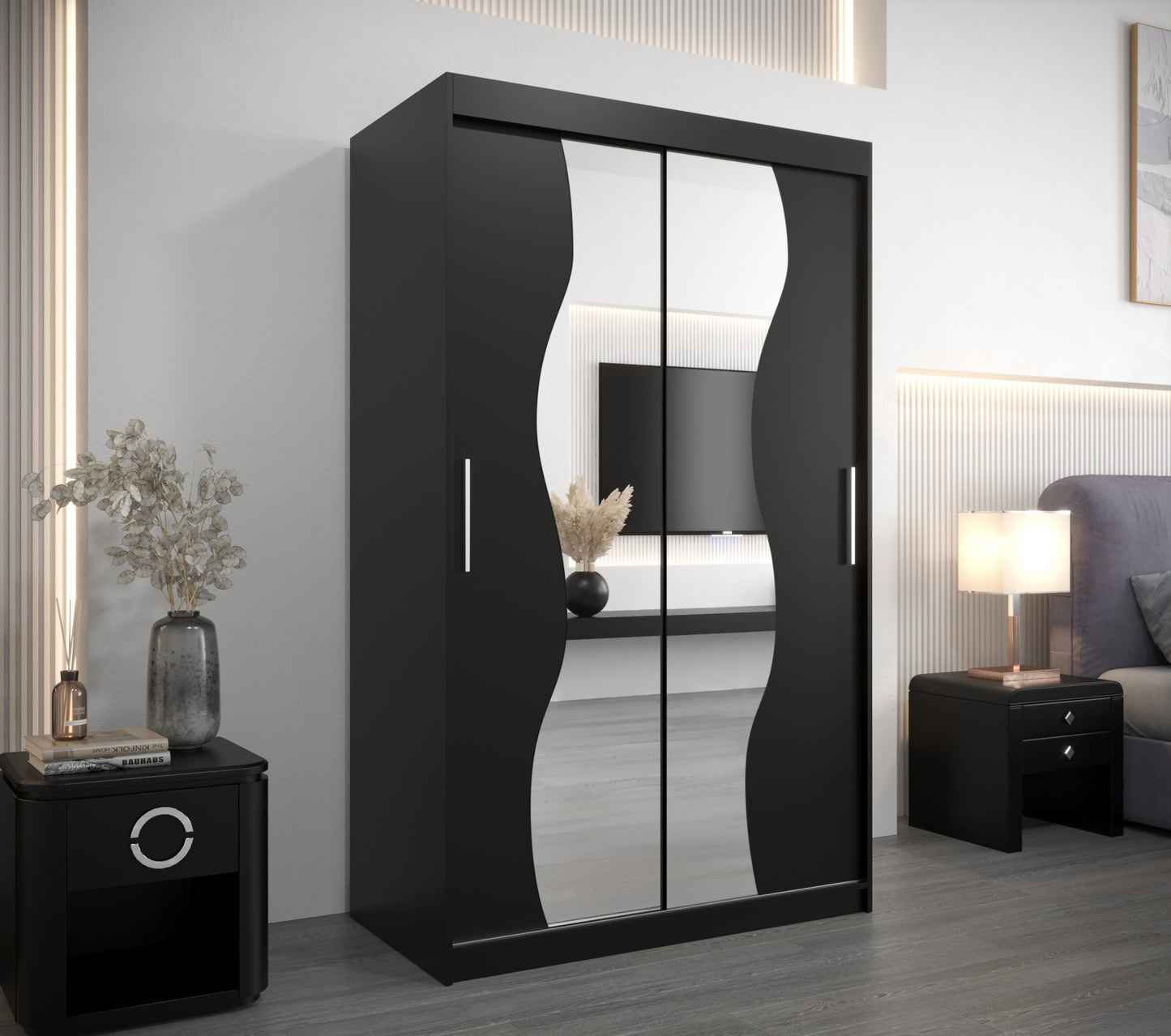 VEGAS S - Black Sliding Door Wardrobe with Shelves and Rail, FAST DELIVERY >120cm<