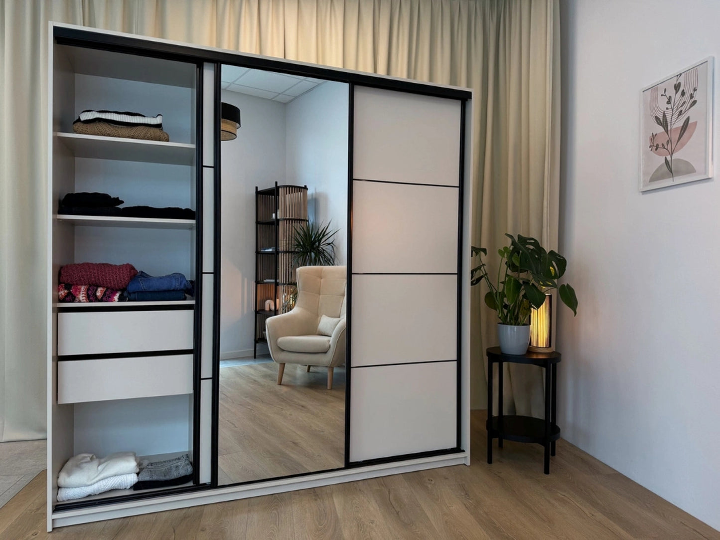 LOFT with Mirror - 3 Sliding Doors Wardrobe With Drawers Shelves 2 Rail Mirror Various Colour width 200 cm