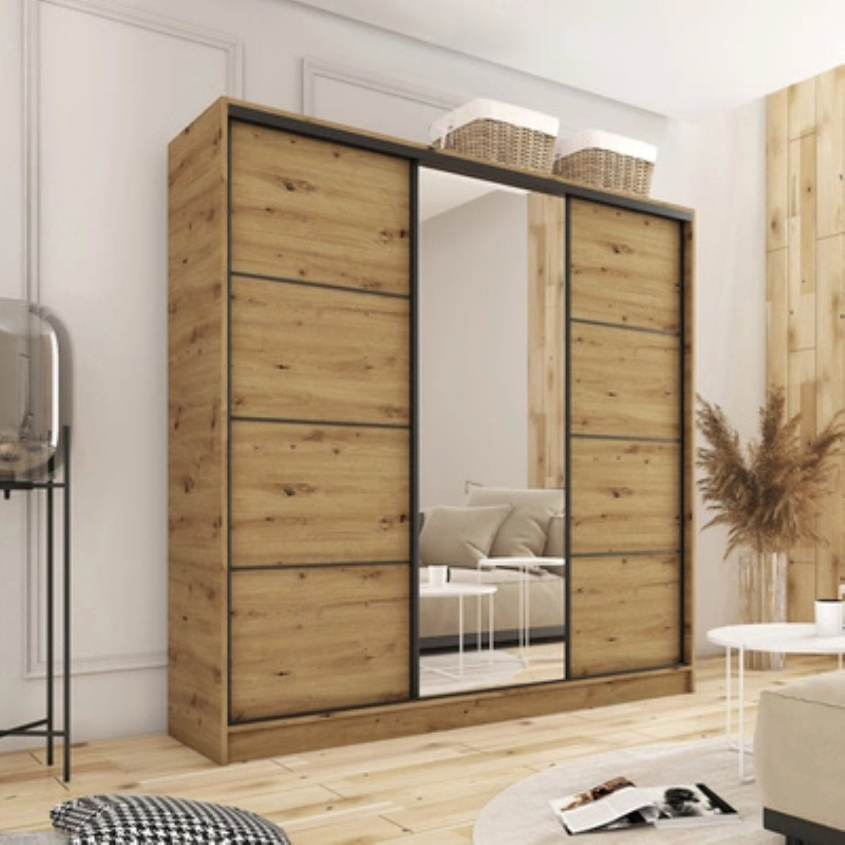 LOFT with Mirror - 3 Sliding Doors Wardrobe With Drawers Shelves 2 Rail Various Colour width 200 cm