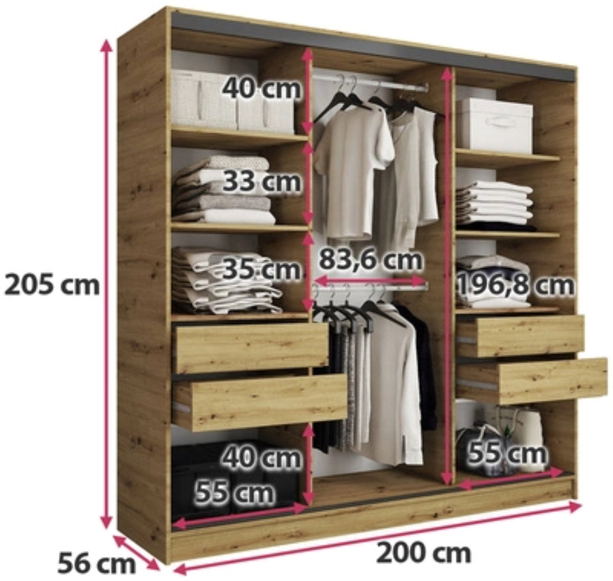 LOFT with Mirror - 3 Sliding Doors Wardrobe With Drawers Shelves 2 Rail Various Colour width 200 cm