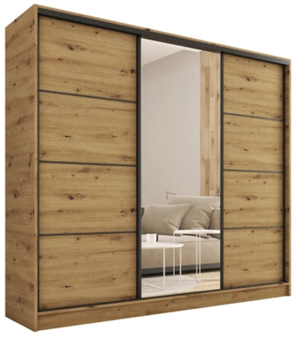 LOFT with Mirror - 3 Sliding Doors Wardrobe With Drawers Shelves 2 Rail Various Colour width 200 cm