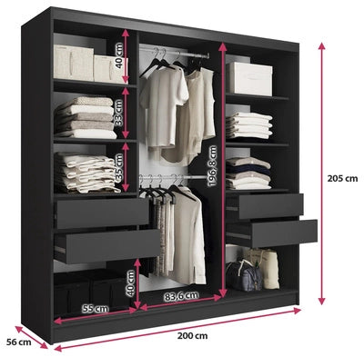 Tanyaro with Mirror - 3 sliding Doors Wardrobe With Drawers Shelves 2 Rail Various Colour width 200 cm