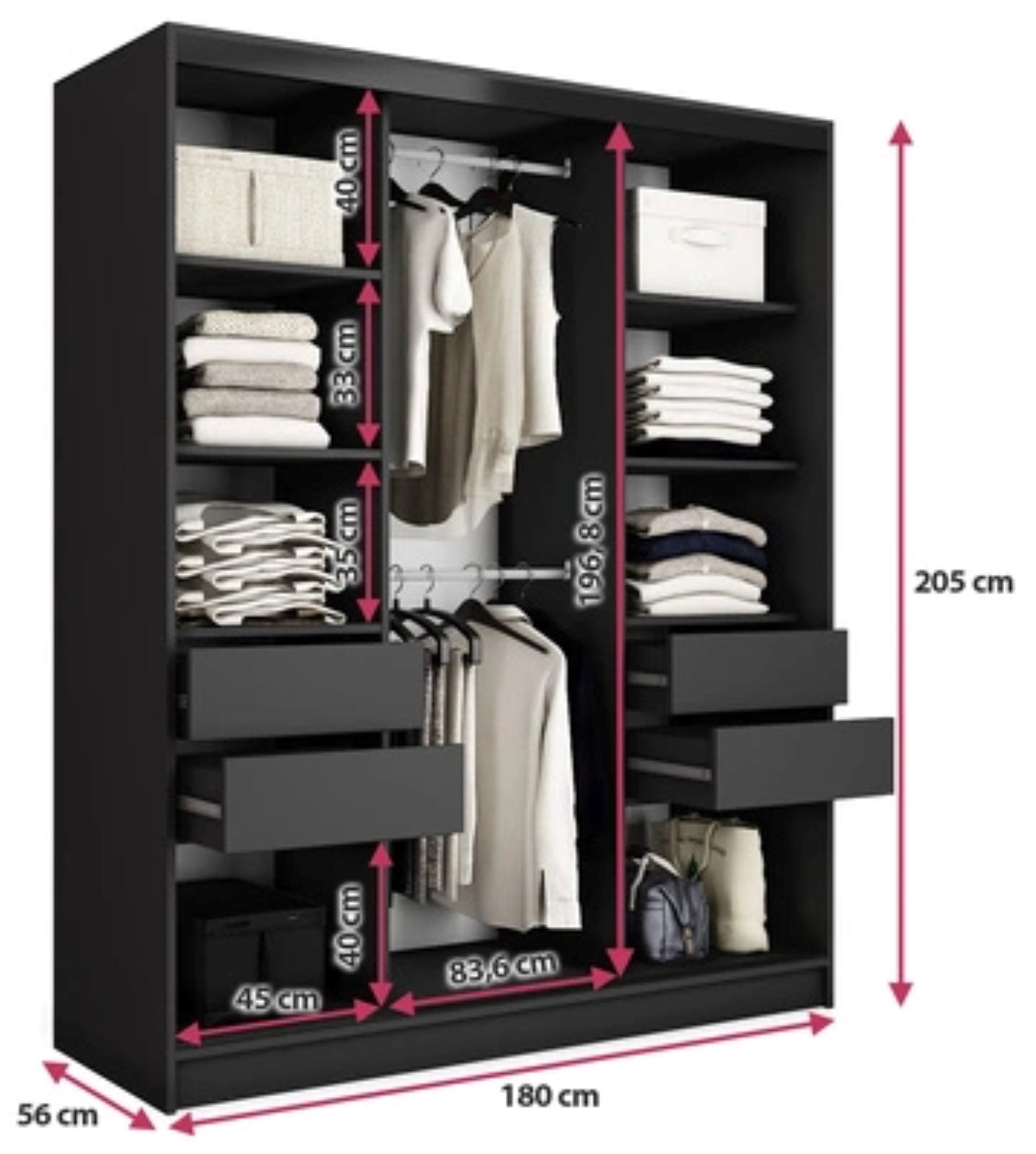 Tanyaro with Mirror - 3 sliding Doors Wardrobe With Drawers Shelves 2 Rail Various Colour width 180 cm