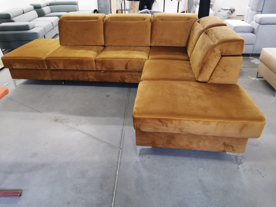 OLSEN - Corner Sofa with Pull out Bed Modern Metal Legs Adjustable Headrests >295x220cm<