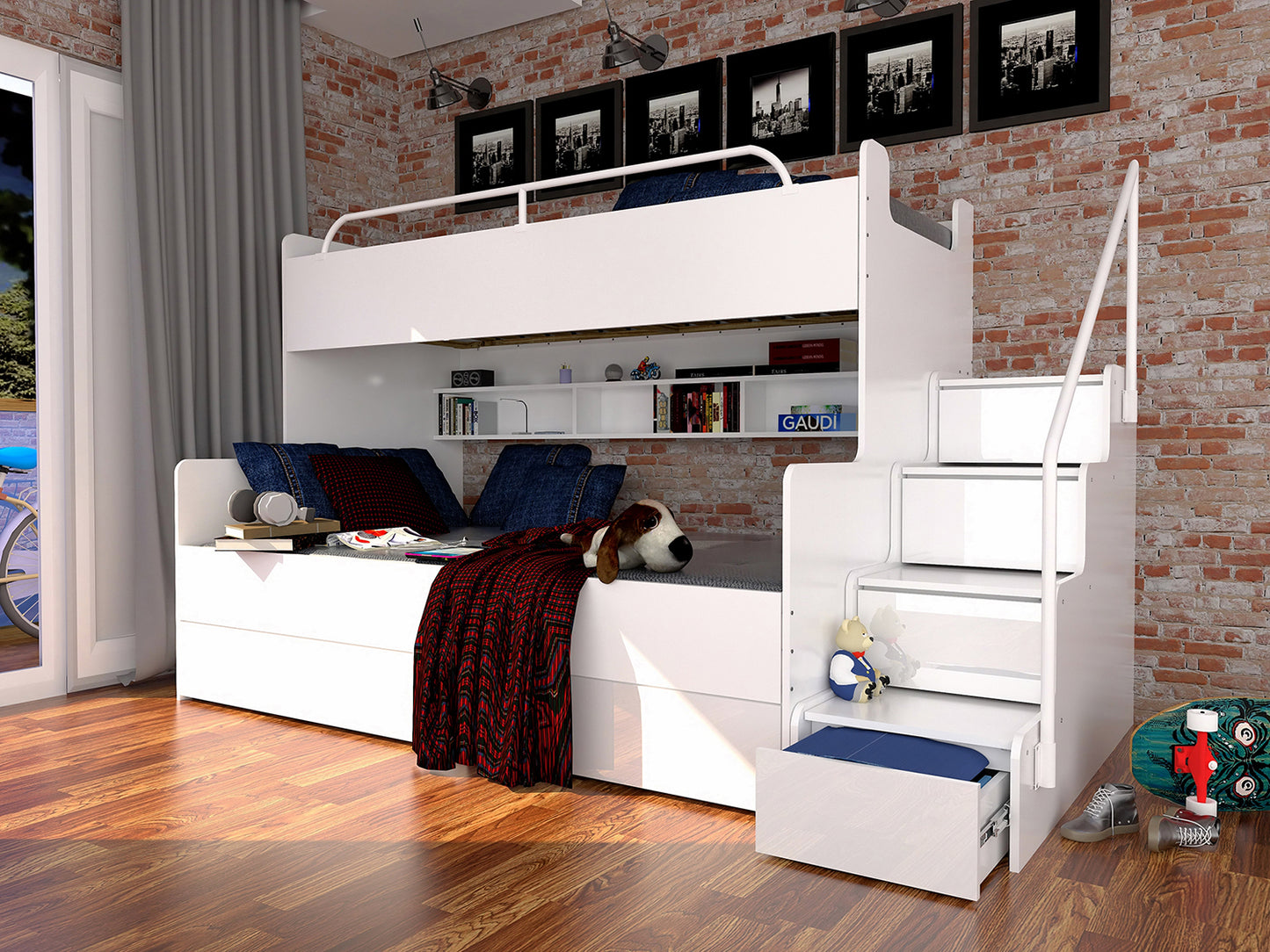 JESSICA 3B - bunk bed with stairs, shelves and many drawers. High gloss inserts