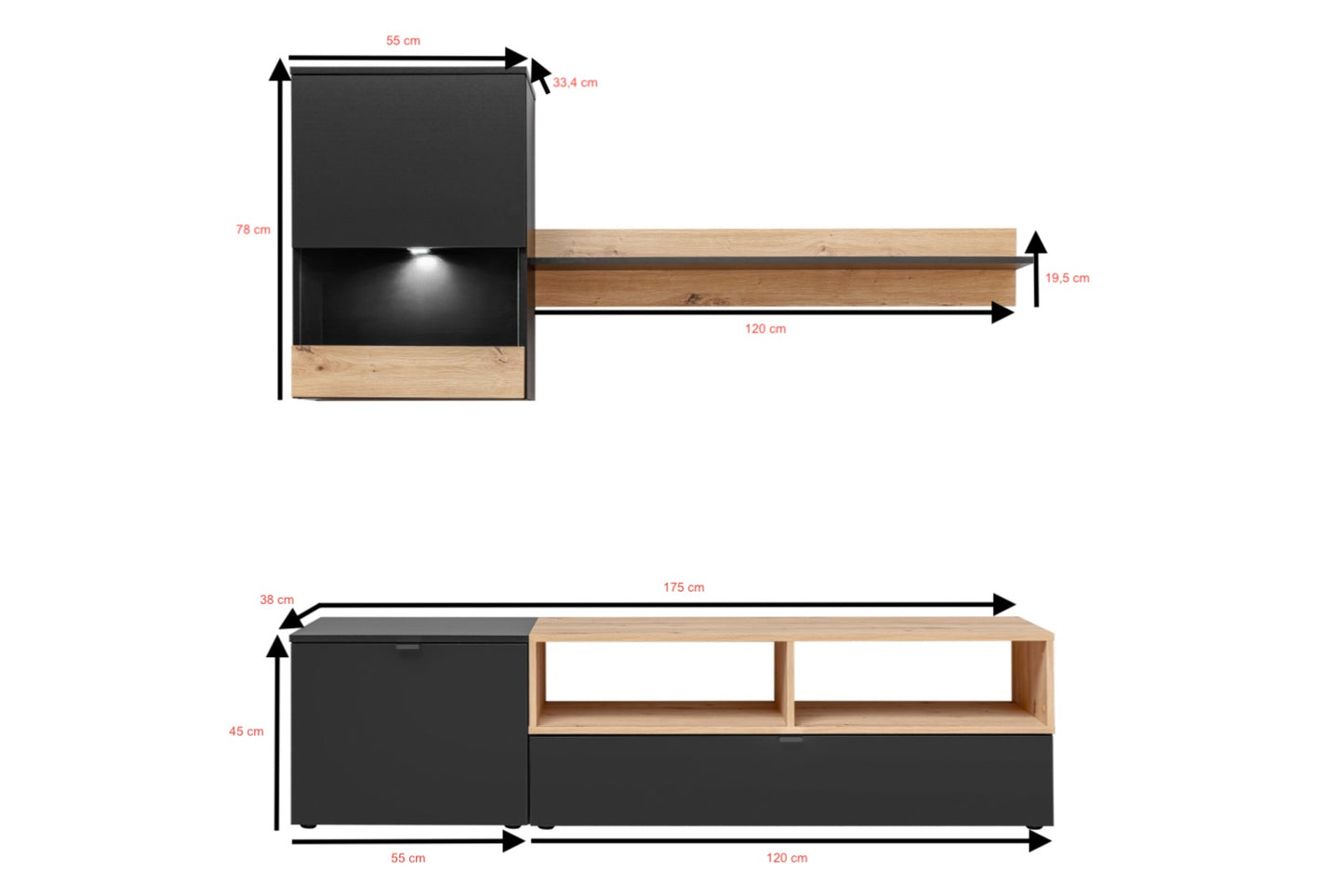 MINI - Wall Unit Modern Design Suitable for Small Rooms, with White LED Light >175 cm x 195 cm< FAST DELIVERY