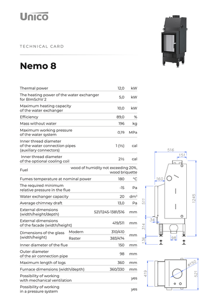 Fireplace Insert with a Water Jacket Unico Nemo 8 12KW