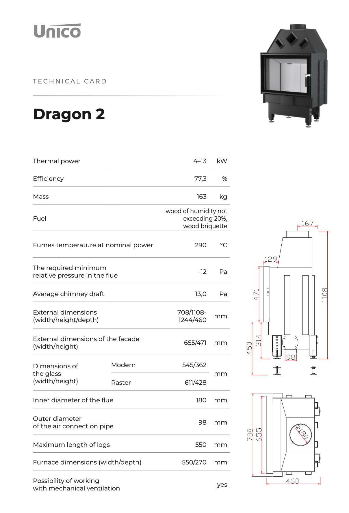 Unico Dragon 2 Air Fireplace Insert Anti-Smog Ecofriendly Modern Steel