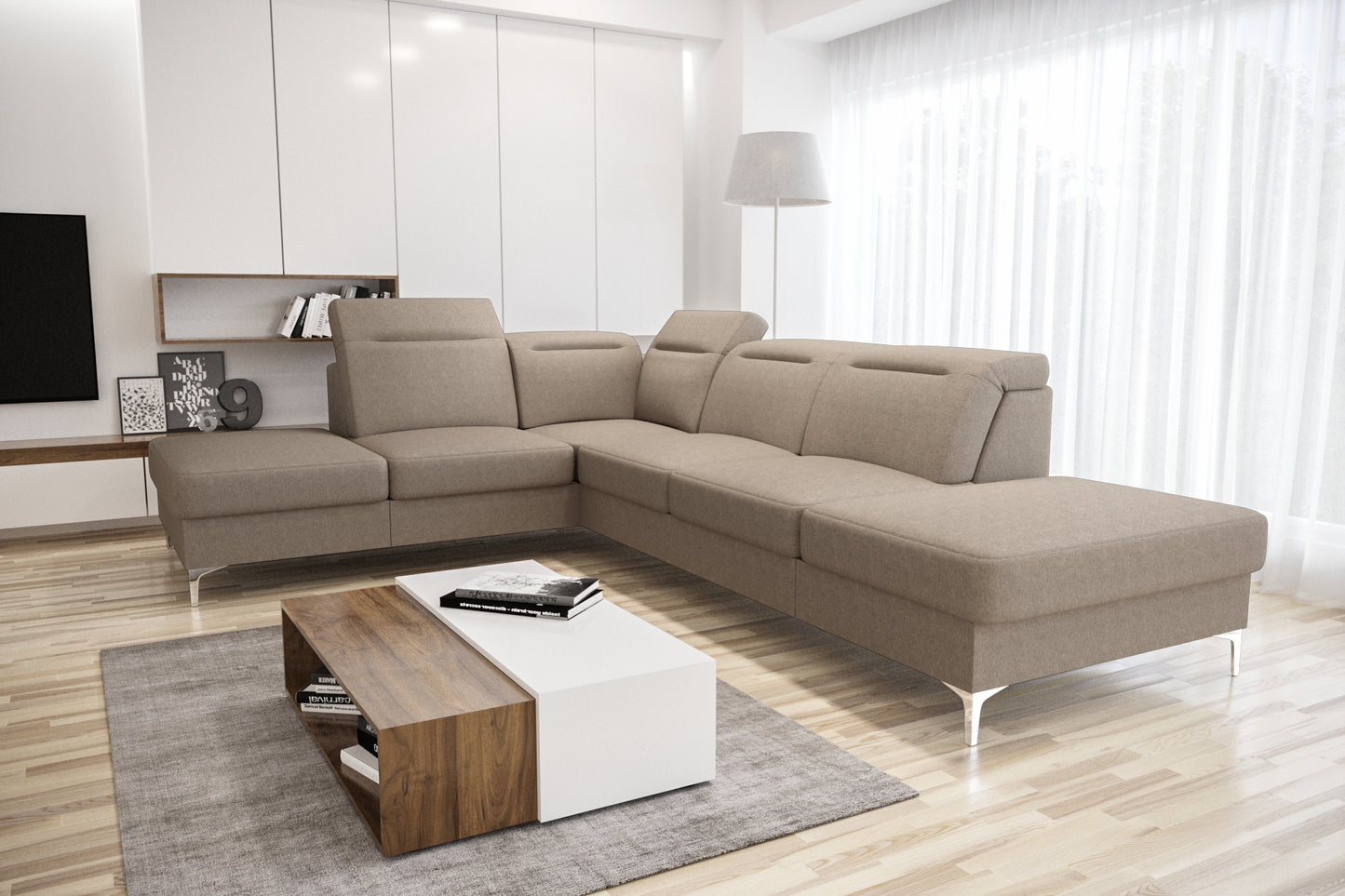 OLSEN - Corner Sofa with Pull out Bed Modern Metal Legs Adjustable Headrests >295x220cm<