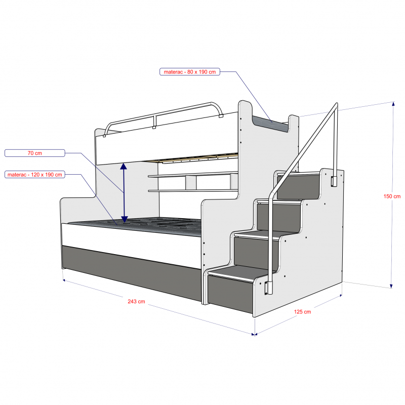 JESSICA 3B - bunk bed with stairs, shelves and many drawers. High gloss inserts