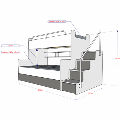 JESSICA 3B - bunk bed with stairs, shelves and many drawers. High gloss inserts