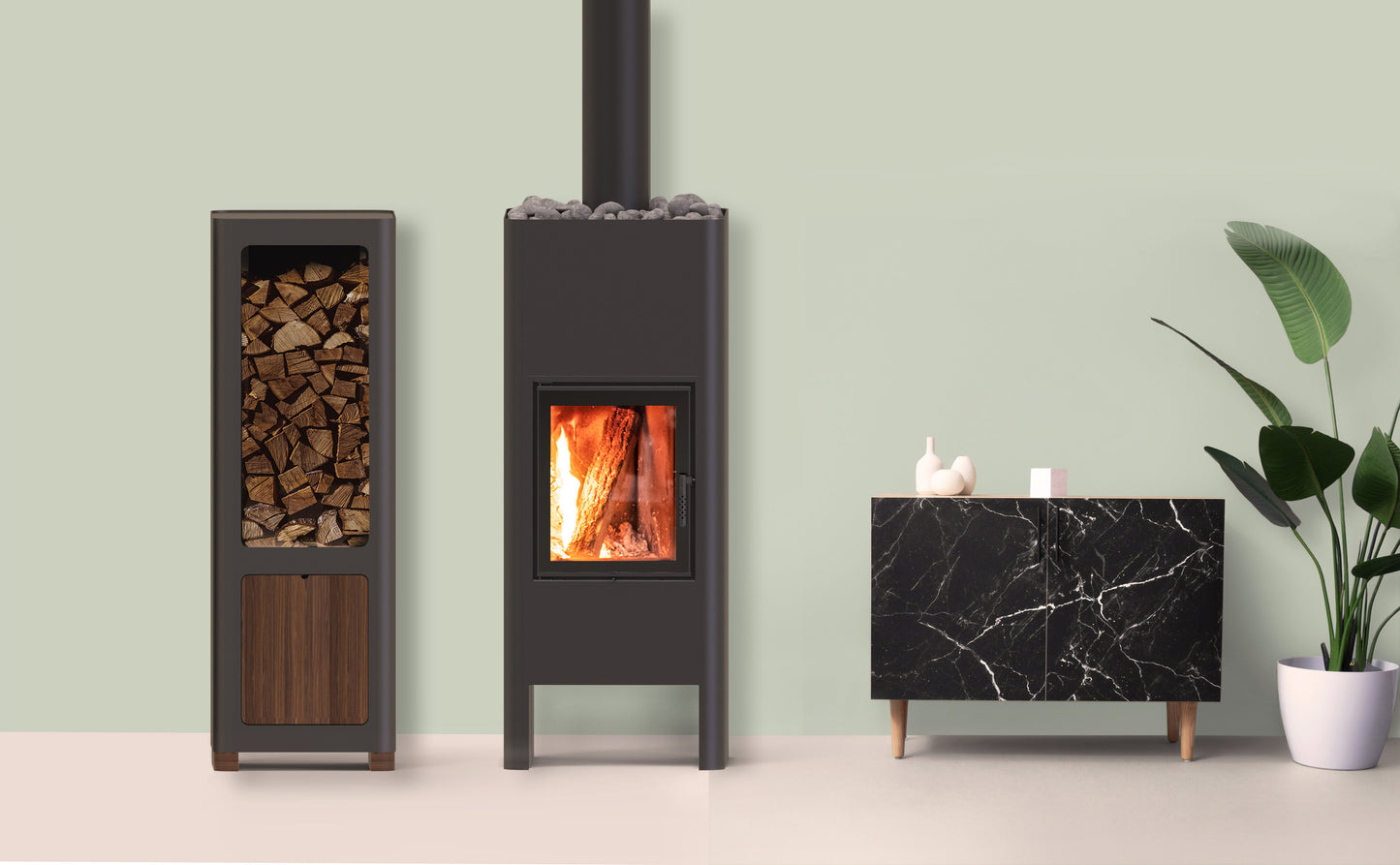 TIMO + BOX Freestanding Fireplace - Minimalist Form and High Efficiency, 2 Colours